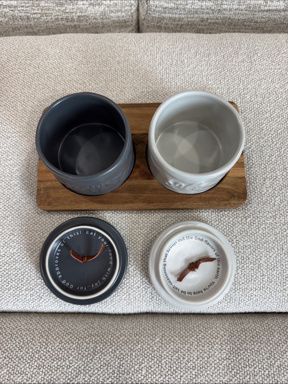 Salt and Pepper Ceramic Canister Set with Wood Tray - White & Gray - Picture 2 of 4